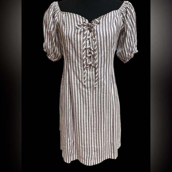 HAYDEN L.A. LACE UP ON OFF SHOULDER PUFF SLEEVE PINK STRIPE MINI DRESS SZ L NWT - Picture 13 of 13